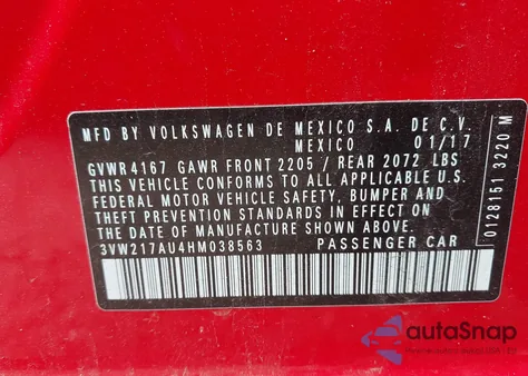 2017 Volkswagen Golf Tsi S 4-Door/Tsi Se 4-Door/Tsi Sel 4-Door/Tsi Wolfsburg Edition 4-Door из США, поврежденный, VIN 3VW217AU4HM038563